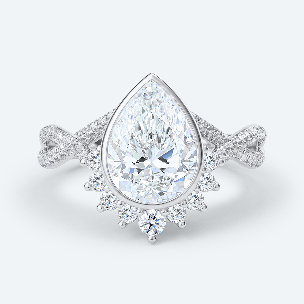 Pear Cut Lab Grown Diamond Twisting Pavé Band Bezel Setting Engagement Ring in White Gold