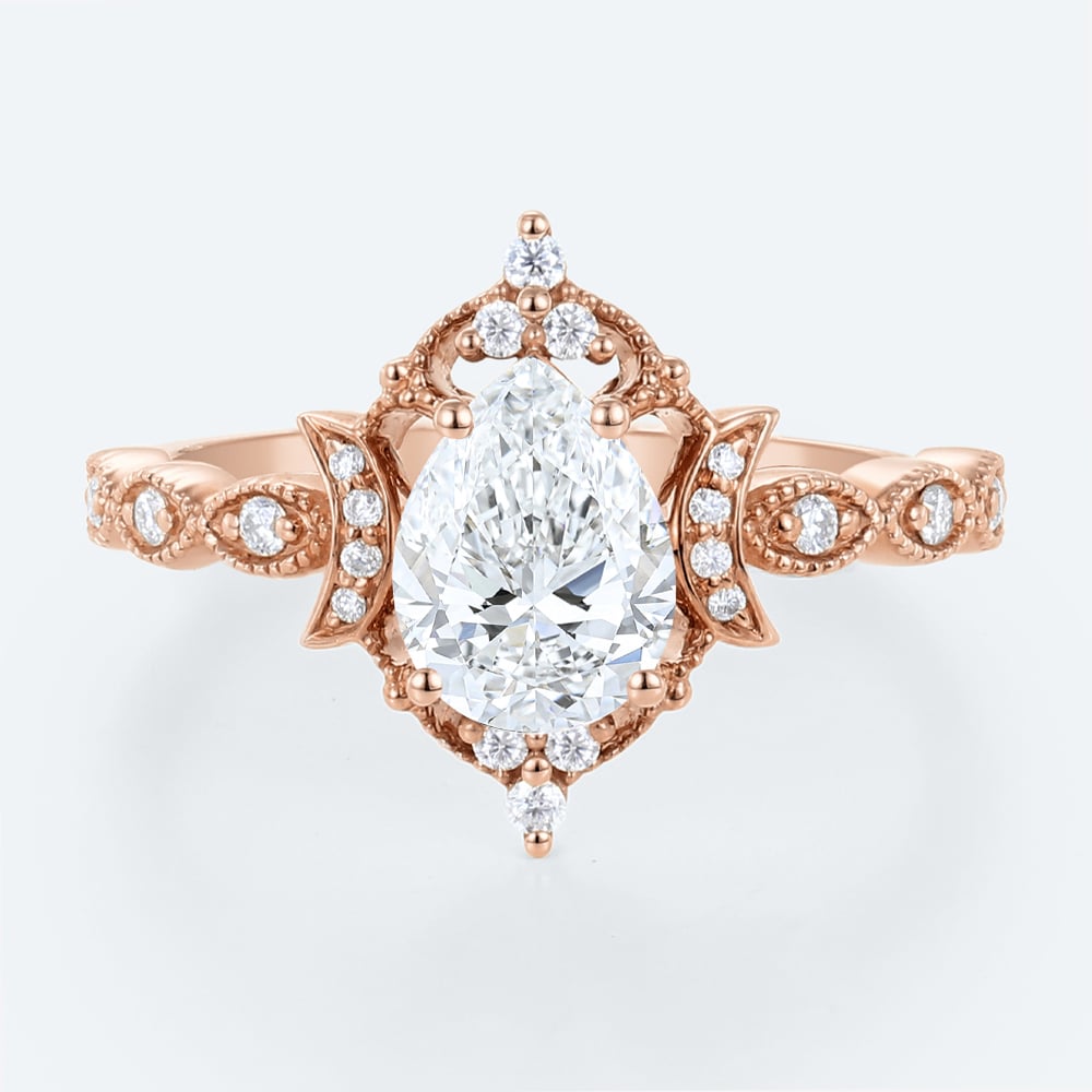 Pear Shape Diamond Ring Vintage with Crescent Moon Accents