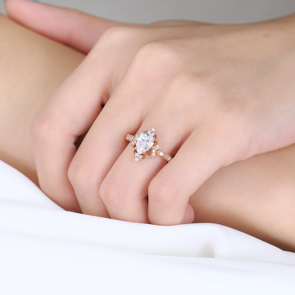 Pear Shape Diamond Ring Vintage with Crescent Moon Accents