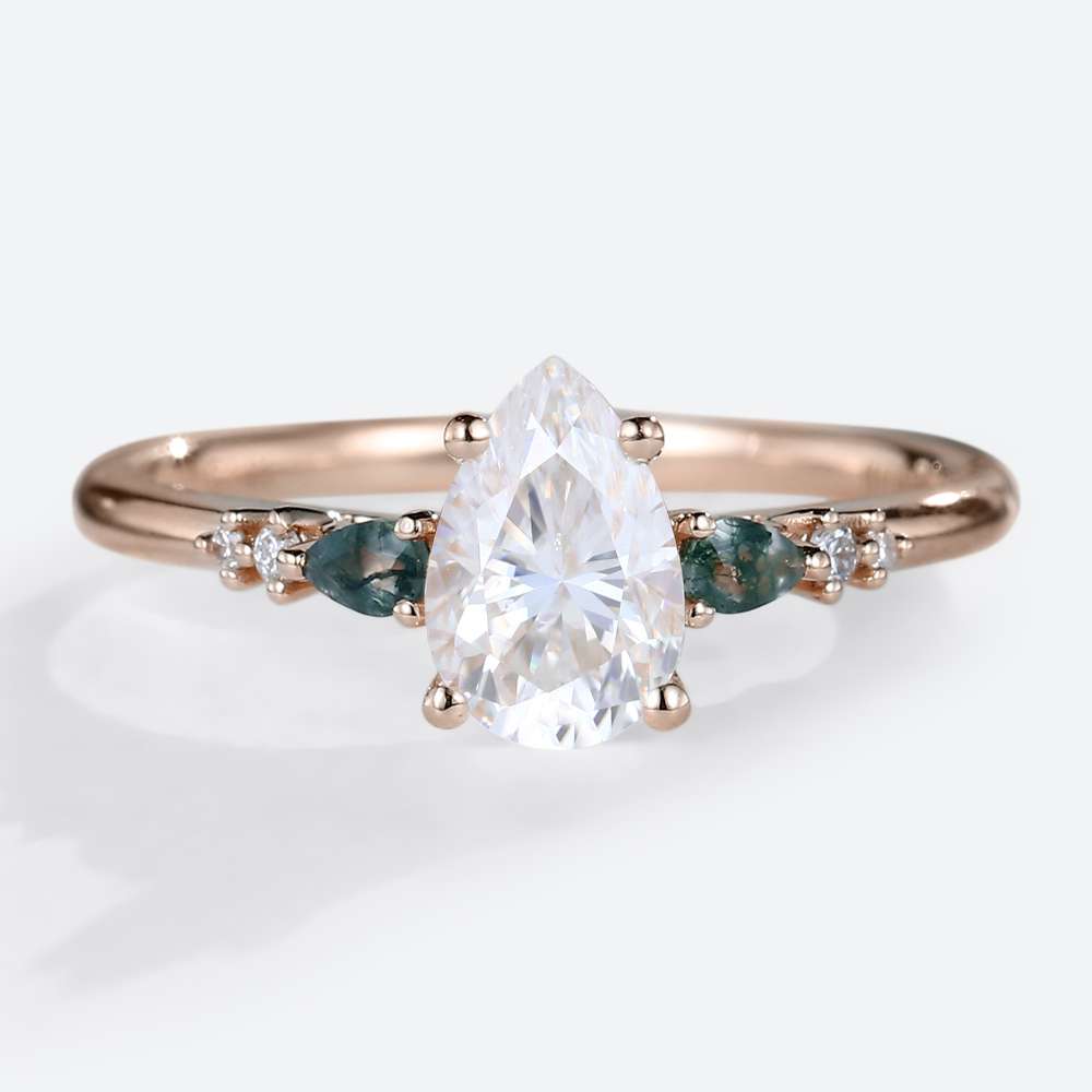 Moissanite Pear Engagement Rings Moss Agate Art Deco Rings Vintage rose gold ring