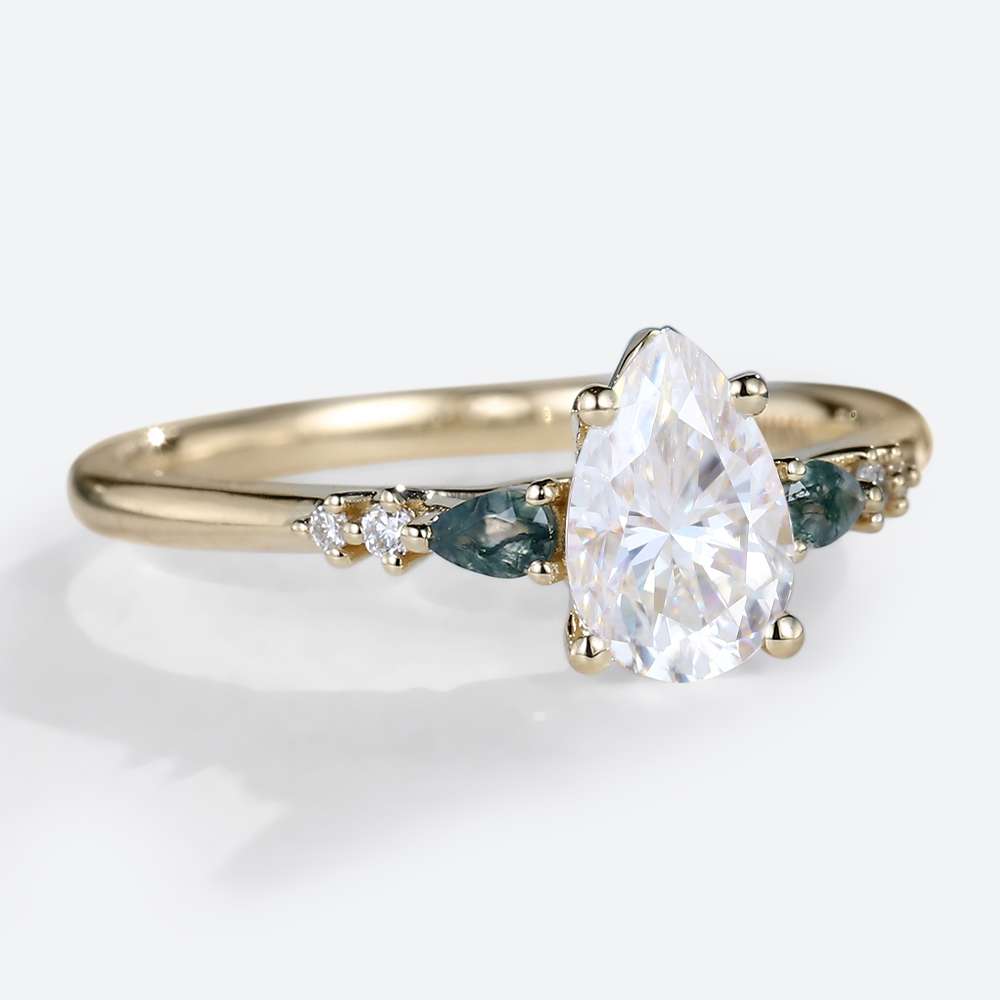 Moissanite Pear Engagement Rings Moss Agate Art Deco Rings Vintage