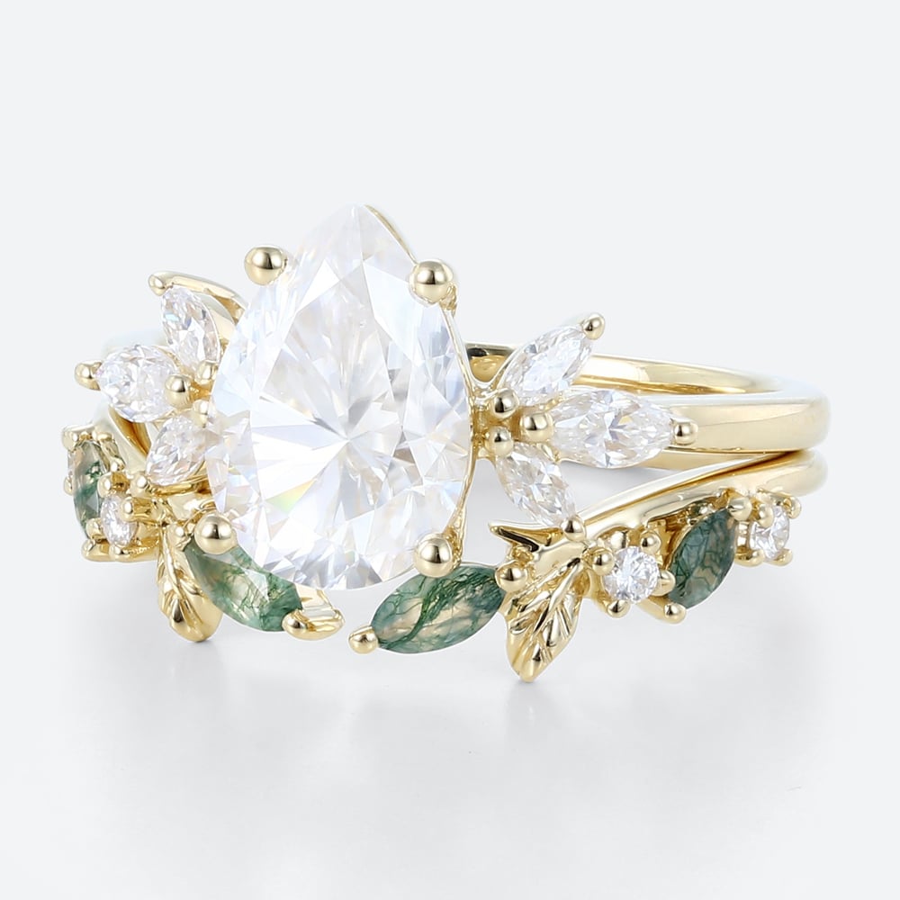 Pear Moissanite Promise Ring Set 1.7ct Floral Cluster Bridal Ring with Nature Inspired Leaf Ring