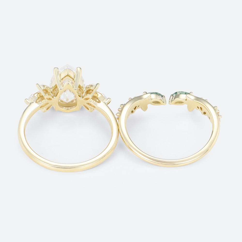 Pear Moissanite Promise Ring Set 1.7ct Floral Cluster Bridal Ring with Nature Inspired Leaf Ring