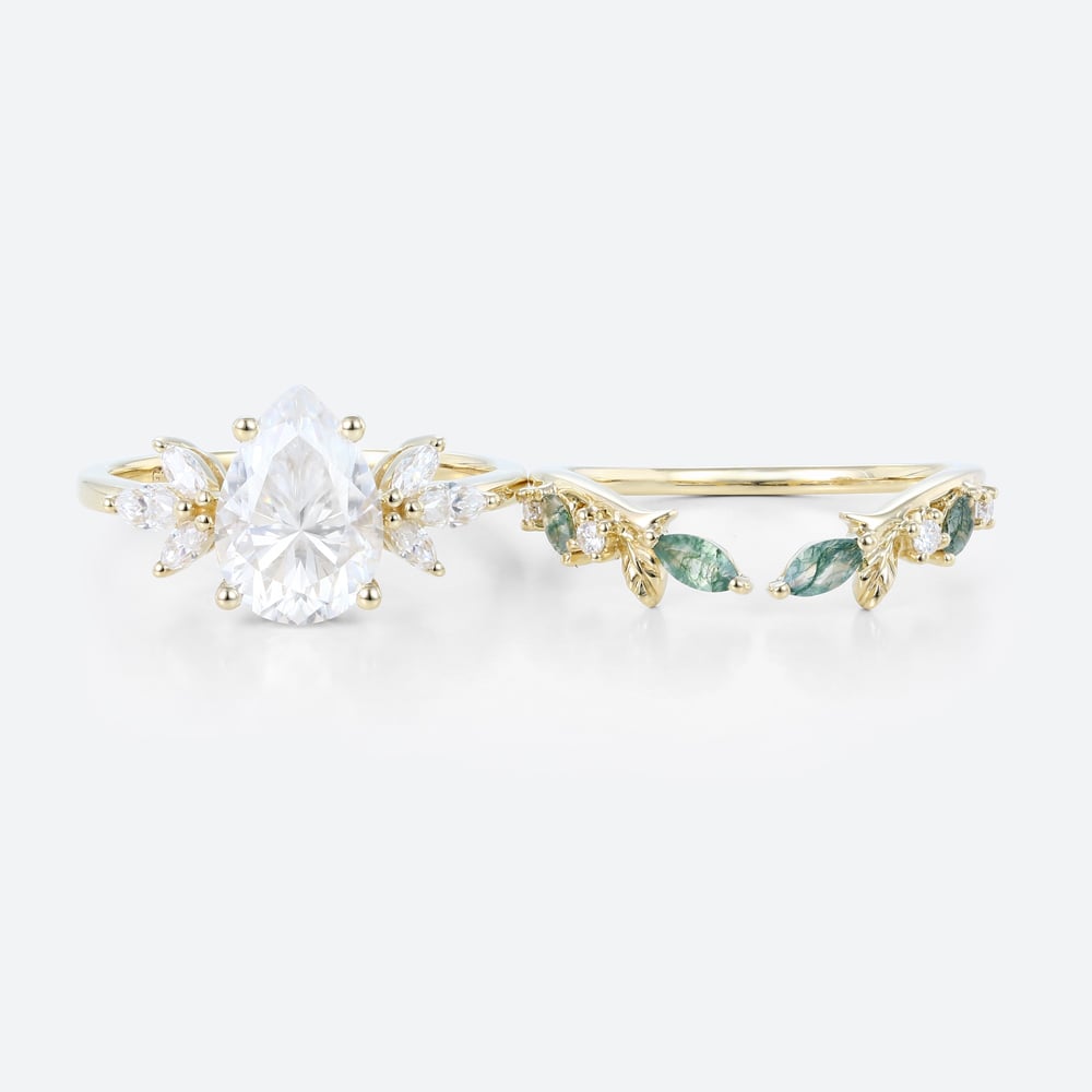Pear Moissanite Promise Ring Set 1.7ct Floral Cluster Bridal Ring with Nature Inspired Leaf Ring