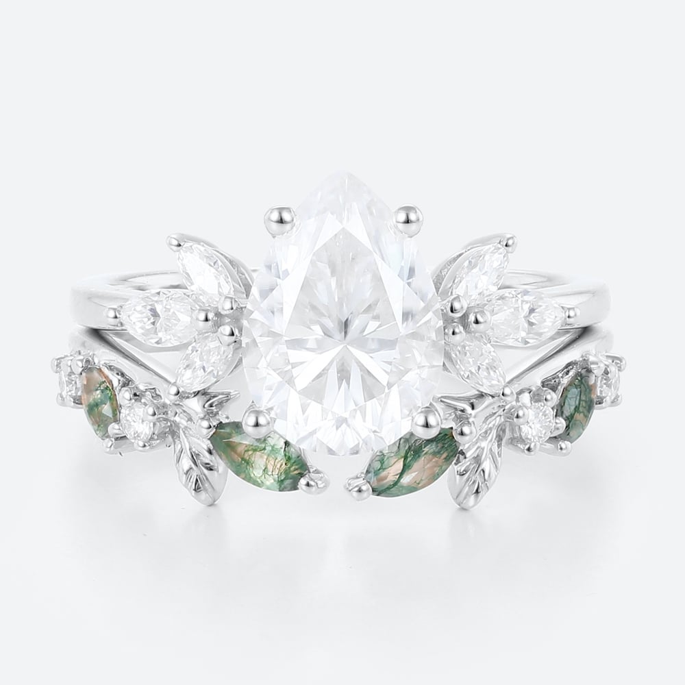 White Gold Pear Moissanite Promise Ring Set 1.7ct Floral Cluster Bridal Ring with Nature Inspired Leaf Ring