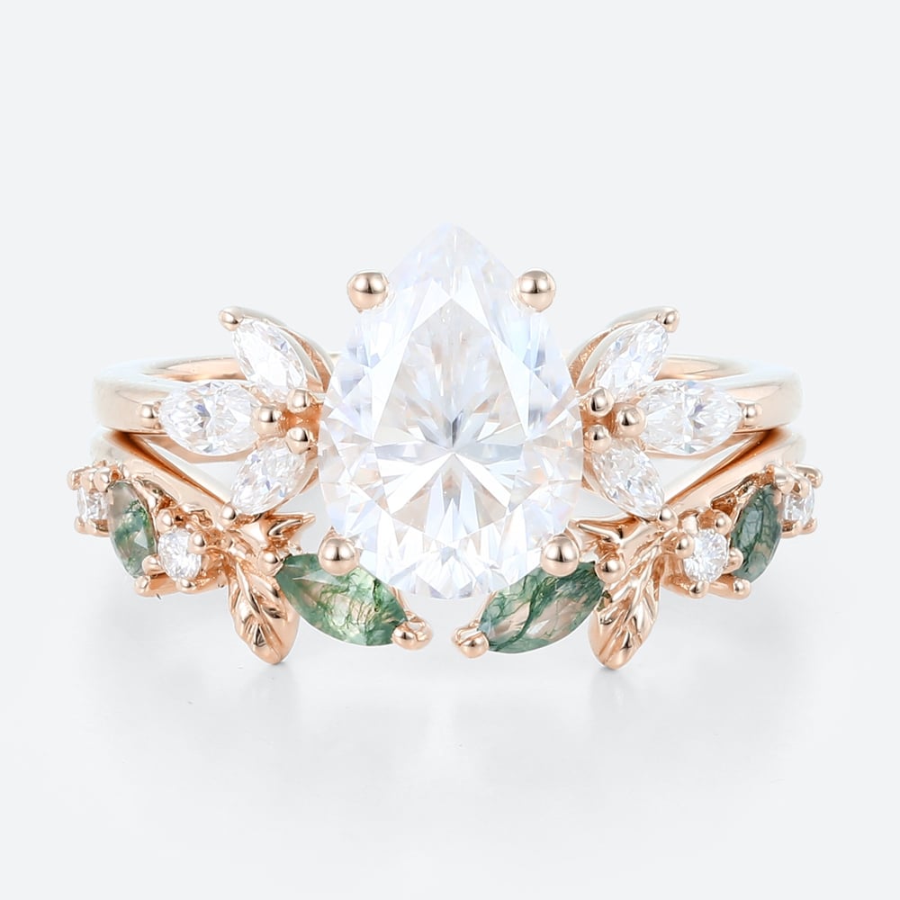 Rose Gold Pear Moissanite Promise Ring Set 1.7ct Floral Cluster Bridal Ring with Nature Inspired Leaf Ring