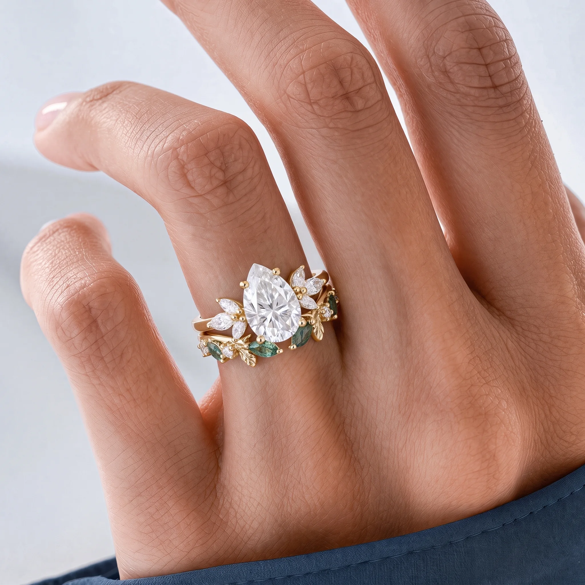 Pear Cut Moissanite Marquise Cluster Bridal Ring Set