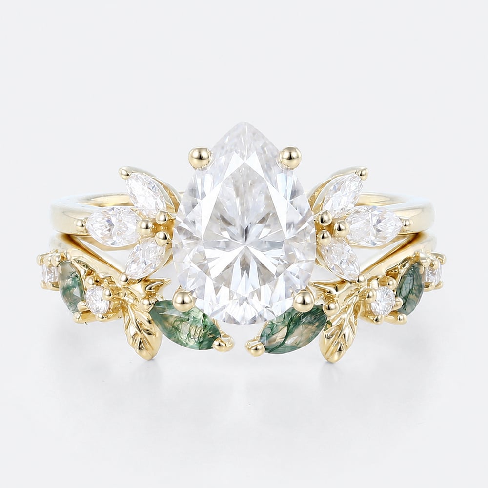 Pear Cut Moissanite Floral Cluster Bridal Ring Set Nature Inspired Leaf Ring (9)