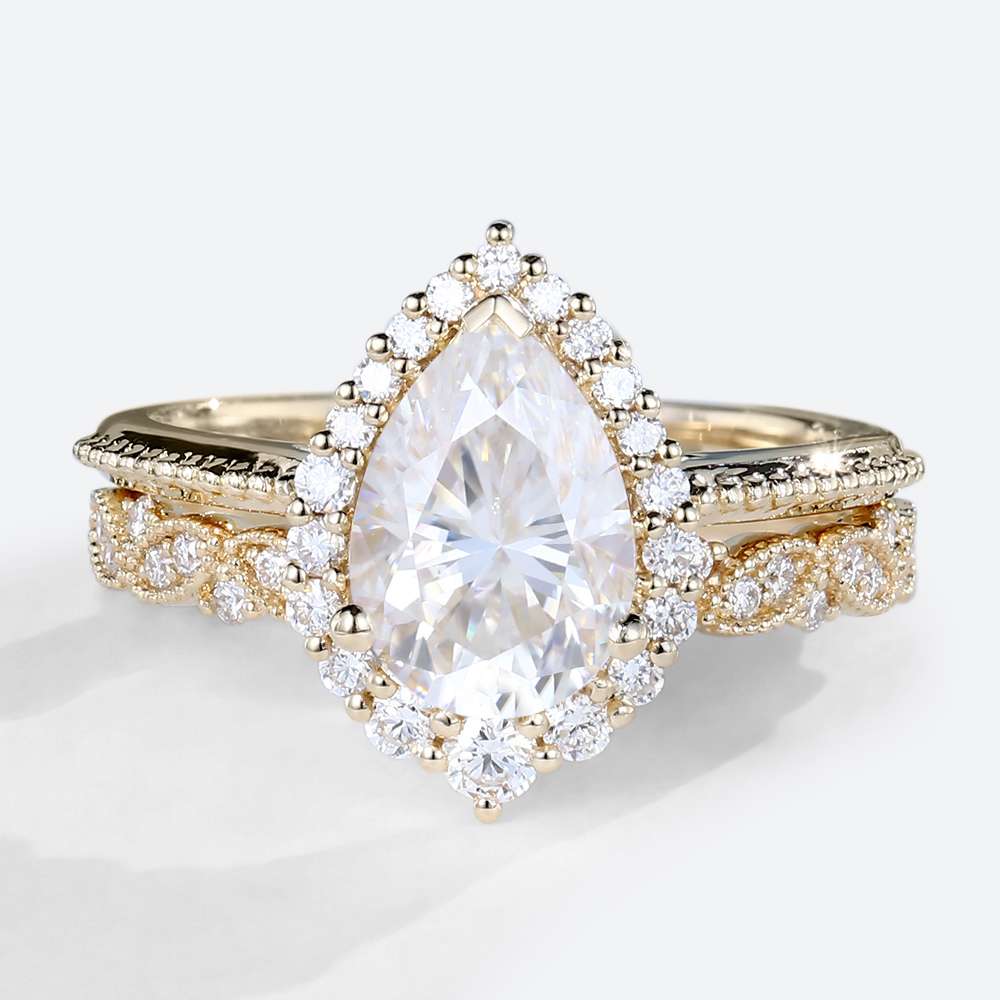Pear Halo Moissanite Ring Yellow Gold Vintage Moissanite Bridal Ring Sets