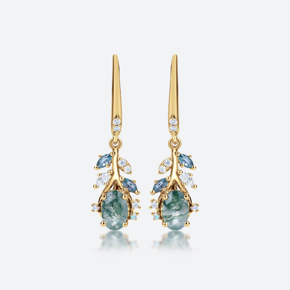 Pear Cut Moss Agate Drop Earrings​ with Multicolor Gem Accents in Yellow Gold