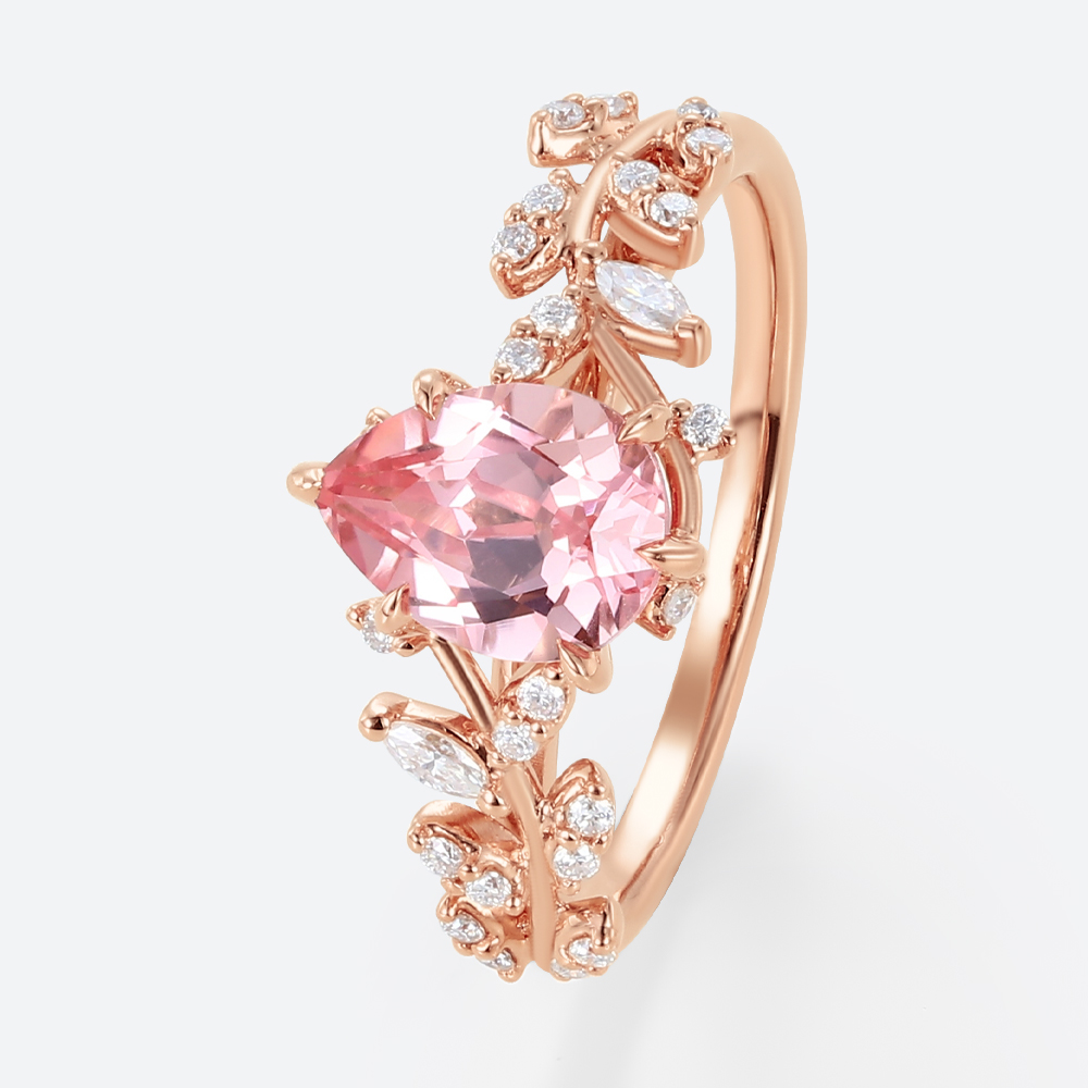 1.7ct Pear Cut Pink Sapphire Engagement Ring Botanical Bridal Ring in Rose Gold
