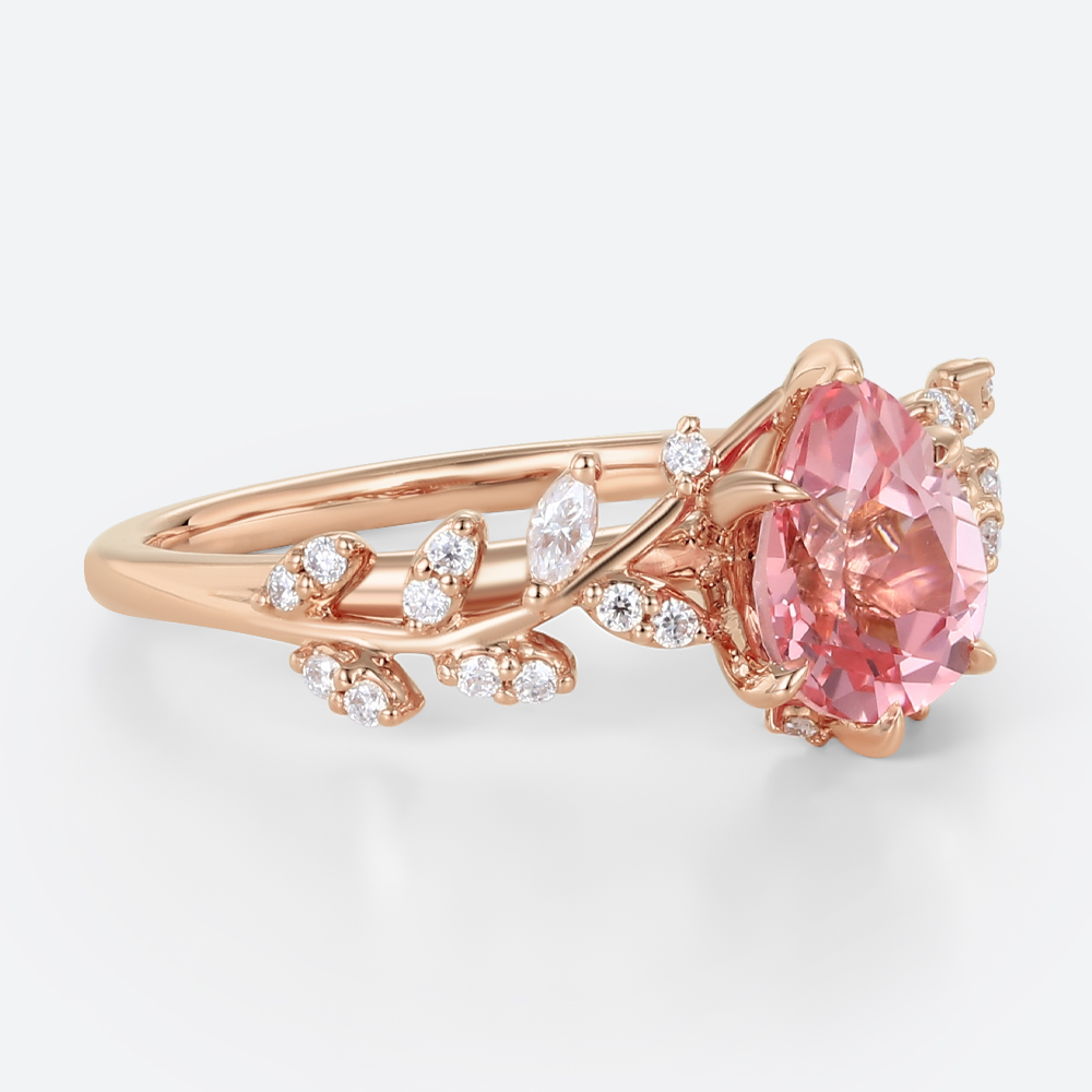1.7ct Pear Cut Pink Sapphire Engagement Rings Botanical Bridal Ring in Rose Gold