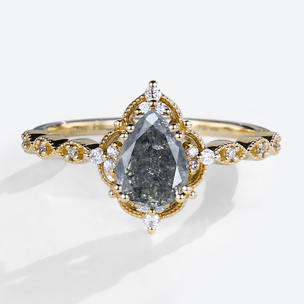 Pear Engagement Rings Salt and Pepper Diamond Art Deco Ring