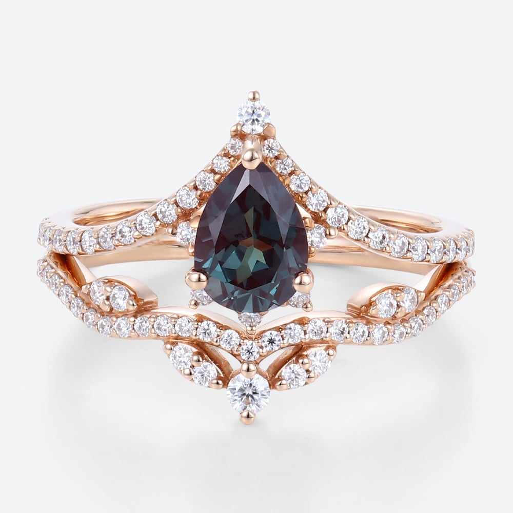Alexandrite Wedding Ring Set 14k Rose Gold Pear Shaped Rings