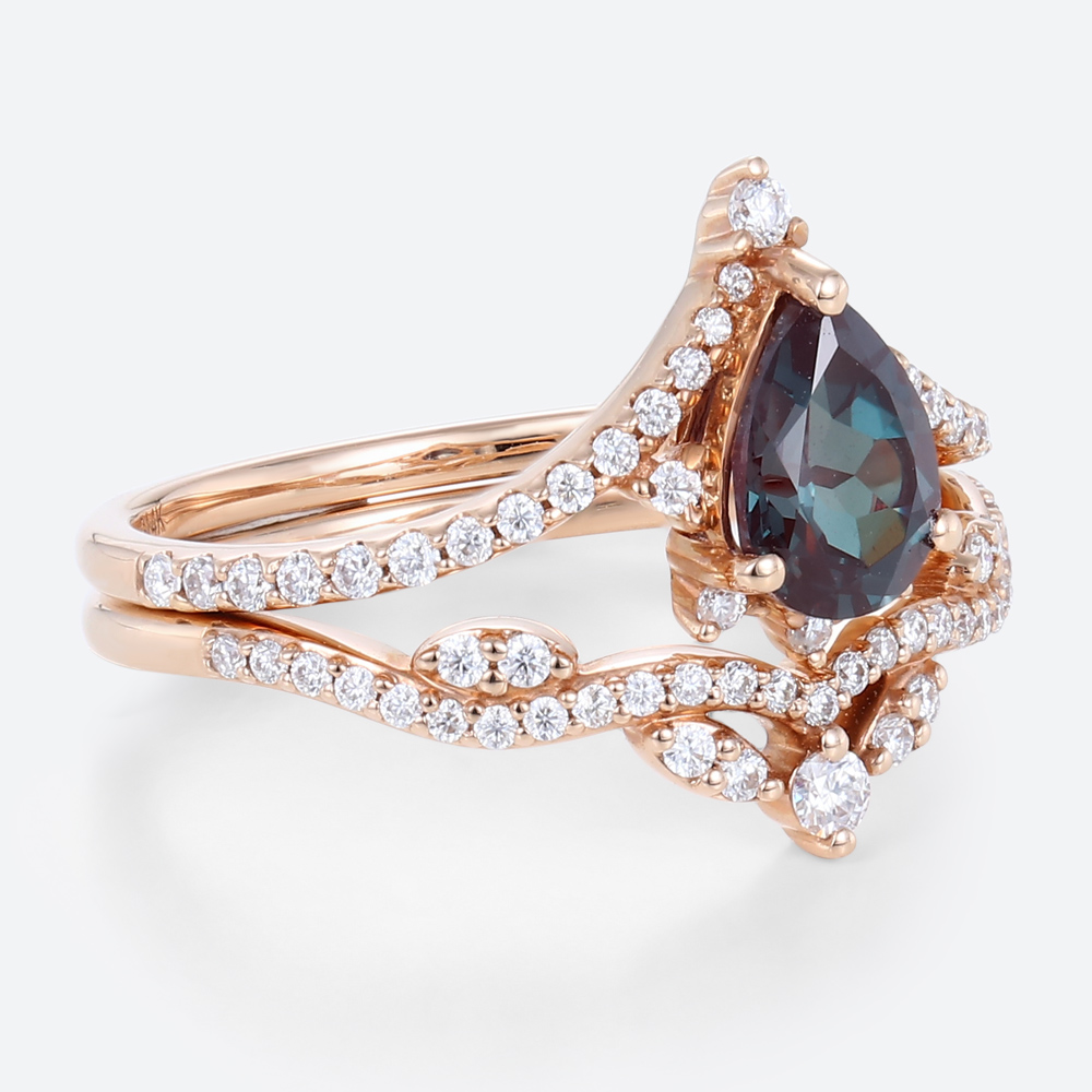 Alexandrite Wedding Ring Set 14k Rose Gold Pear Shaped Rings