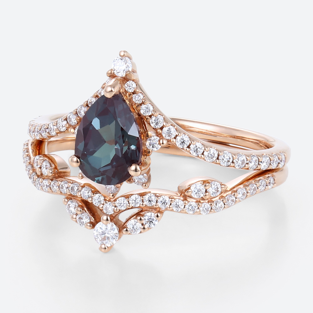 Alexandrite Wedding Ring Set 14k Rose Gold Pear Shaped Rings