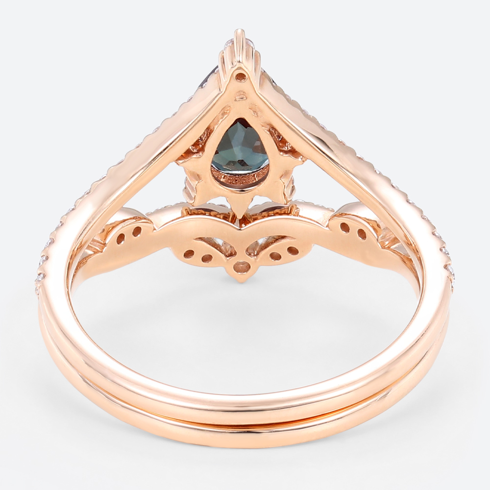 Alexandrite Wedding Ring Set 14k Rose Gold Pear Shaped Rings