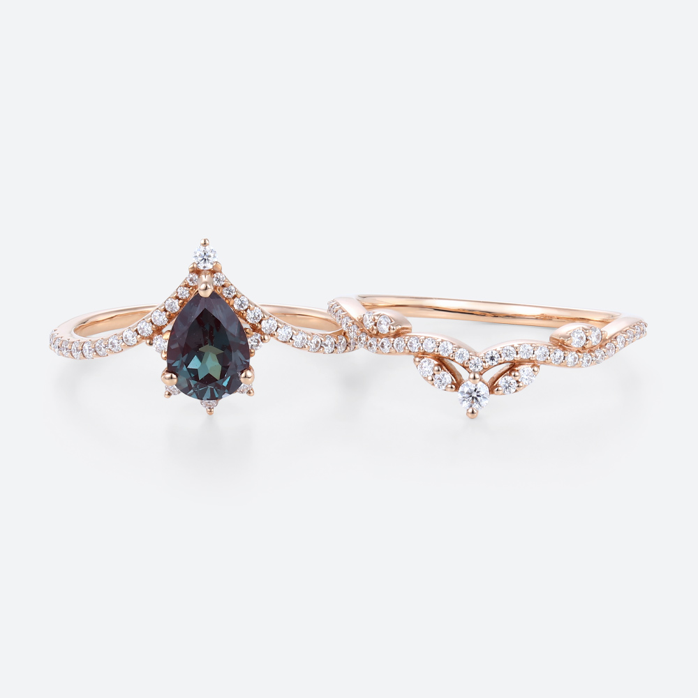 Alexandrite Wedding Ring Set 14k Rose Gold Pear Shaped Rings