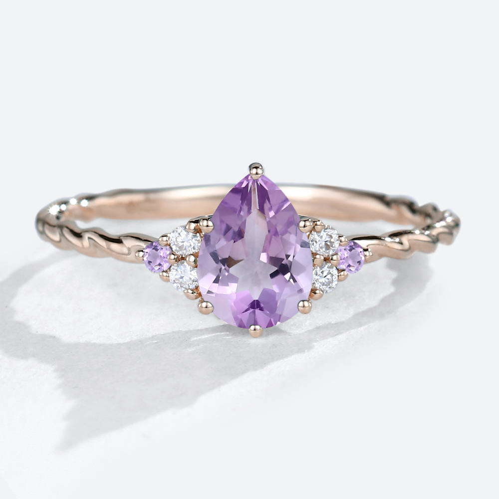 Pear Shaped Birthstone Vintage Engagement Ring Twisted Bridal Ring-Amethyst Rings