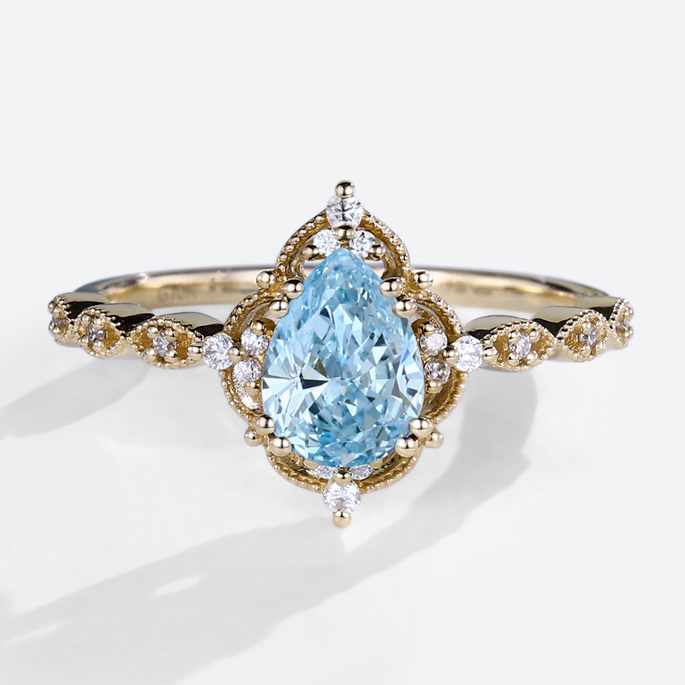 black friday jewelry - Pear Shaped Lab Blue Diamond Ring 1ct Fancy Blue Vintage 8-Prong Engagement Ring in Yellow Gold