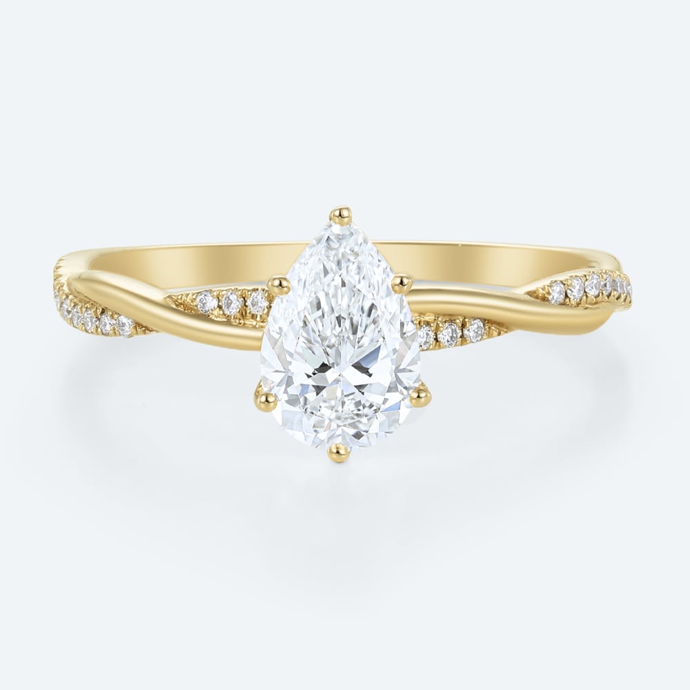 Yellow Gold Elegant Pear Shaped Lab Diamond Ring with Pave Twisted Shank