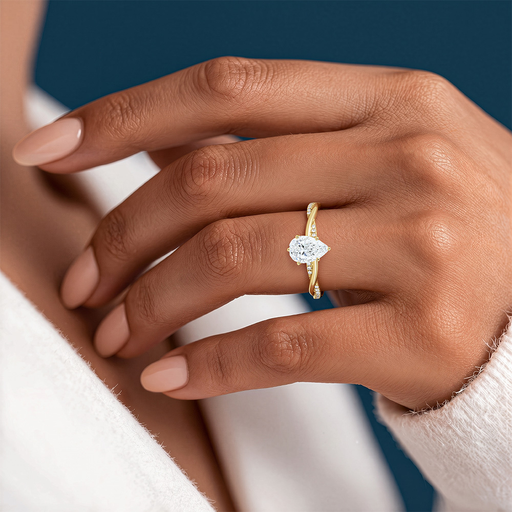 Yellow Gold Elegant Pear Shaped Lab Diamond Ring with Pave Twisted Shank