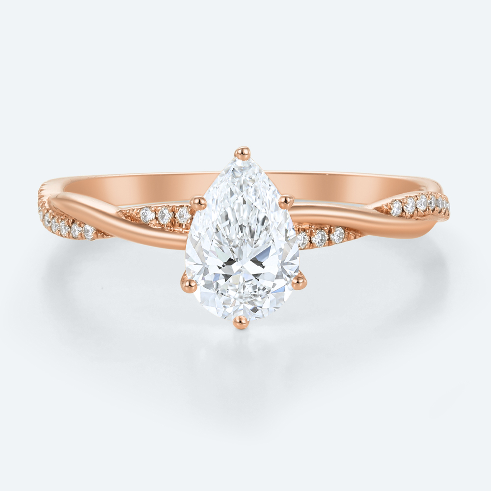 Rose Gold Elegant Pear Shaped Lab Diamond Ring with Pave Twisted Shank