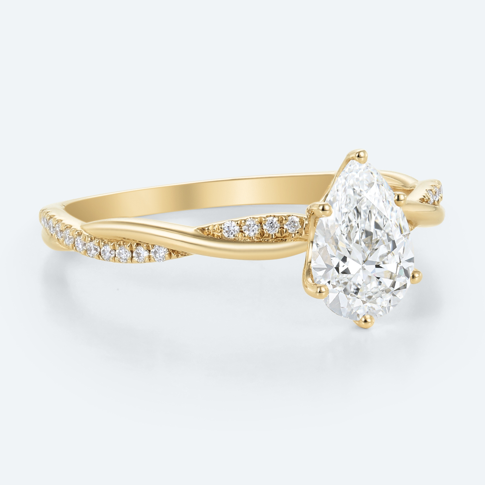 Yellow Gold Elegant Pear Shaped Lab Diamond Ring with Pave Twisted Shank