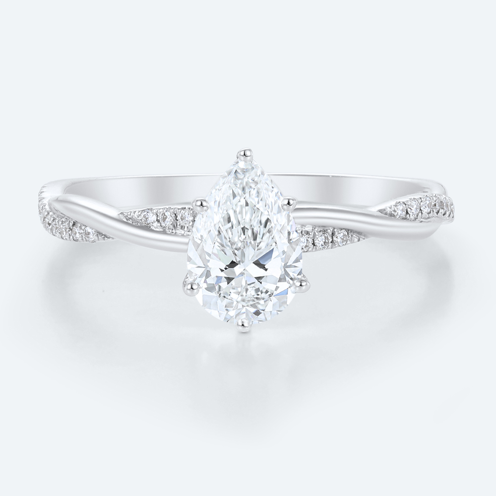 White Gold Elegant Pear Shaped Lab Diamond Ring with Pave Twisted Shank
