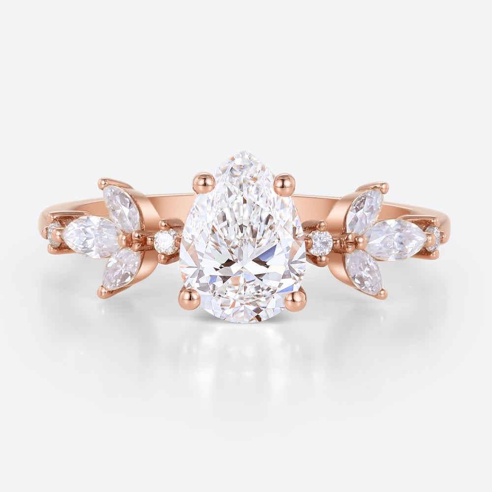 Pear Cut Lab Diamond Engagement Ring with Leafy Side Stones