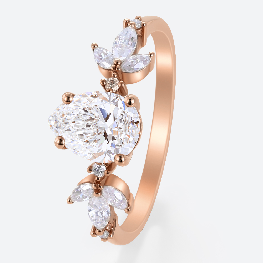 Pear Cut Lab Diamond Engagement Ring with Leafy Side Stones in Rose Gold