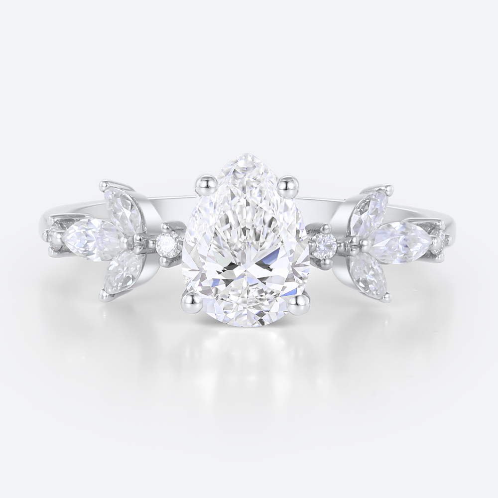 Pear Cut Lab Diamond Engagement Ring with Leafy Side Stones in White Gold