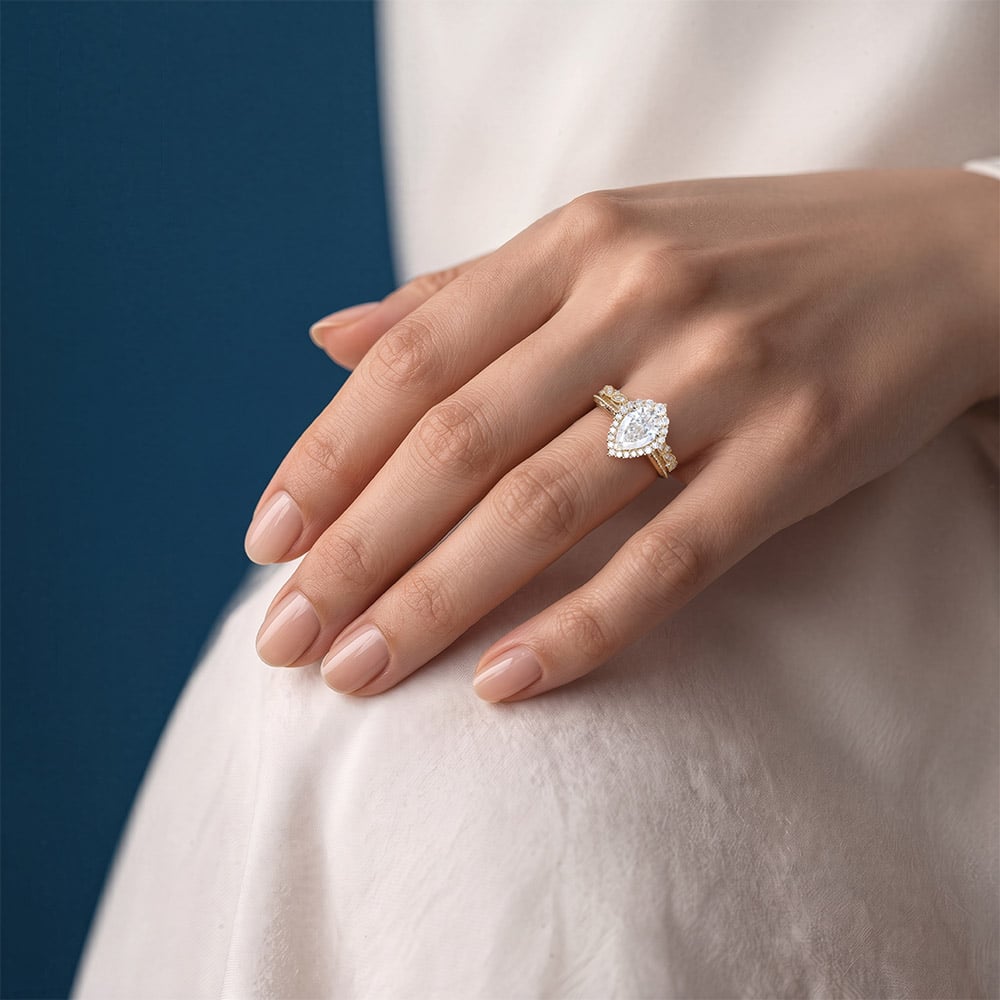 Pear Shaped Lab Grown Diamond Cluster Gold Engagement Ring Set