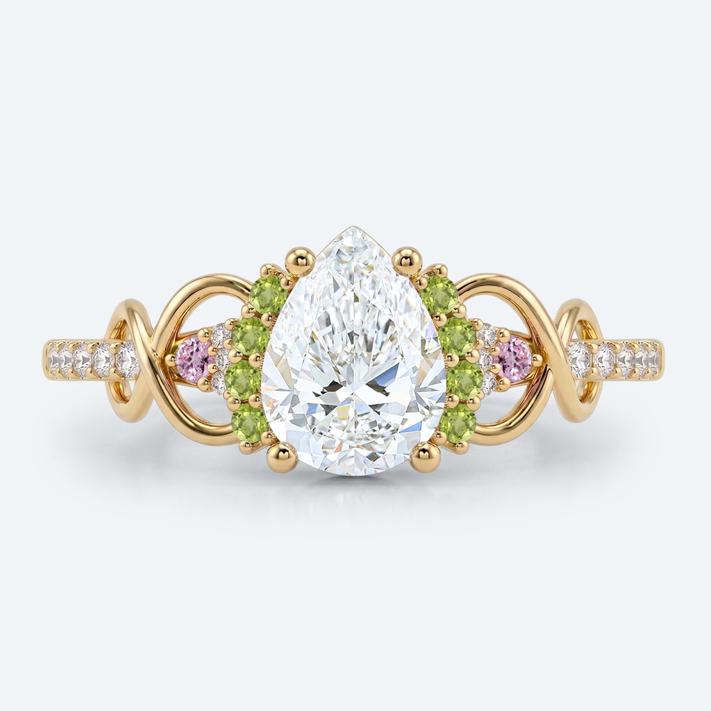 Pear Shaped Lab Grown Diamond Infinity Cluster 4 Prong Engagement Ring in Yellow Gold (1)