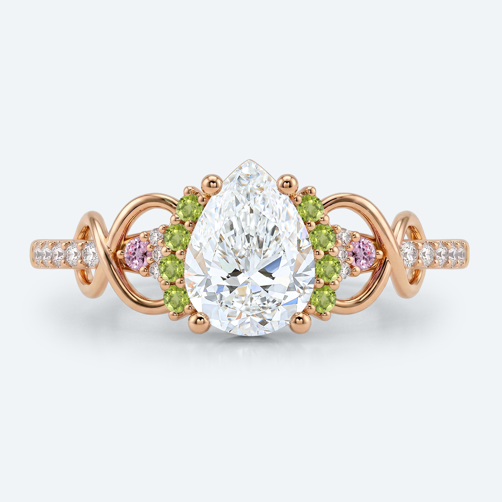 Pear Shaped Lab Grown Diamond Infinity Cluster 4 Prong Engagement Ring in Yellow Gold (2)