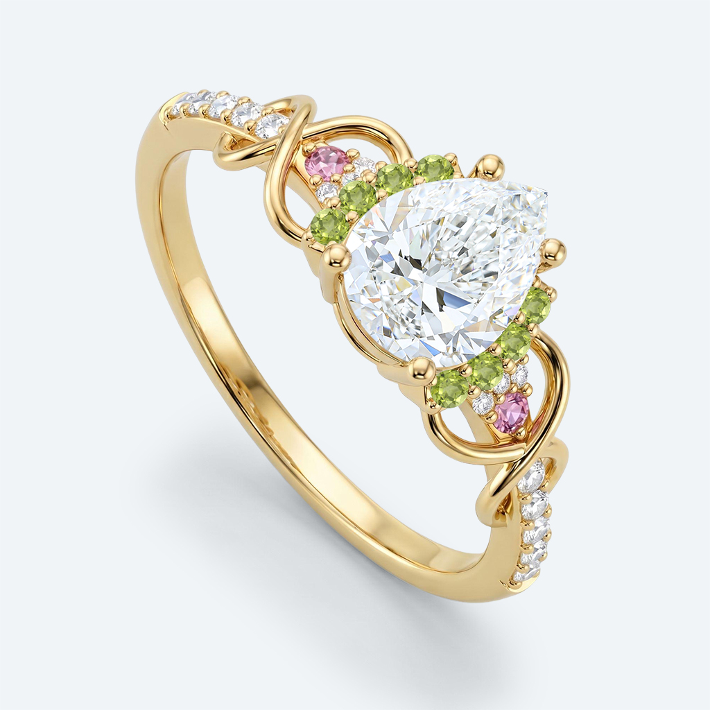 Pear Shaped Lab Grown Diamond Infinity Cluster 4 Prong Engagement Ring in Yellow Gold (4)
