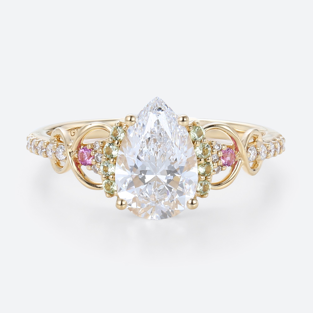 yellow gold Pear Cut Diamond Ring Multi Gemstone 1 Ct Lab Grown Diamond Ring
