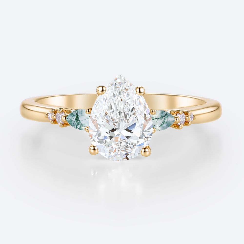 Yellow Gold Engagement Rings 1.5ct Pear Cut Lab Diamond & Moss Agate Ring