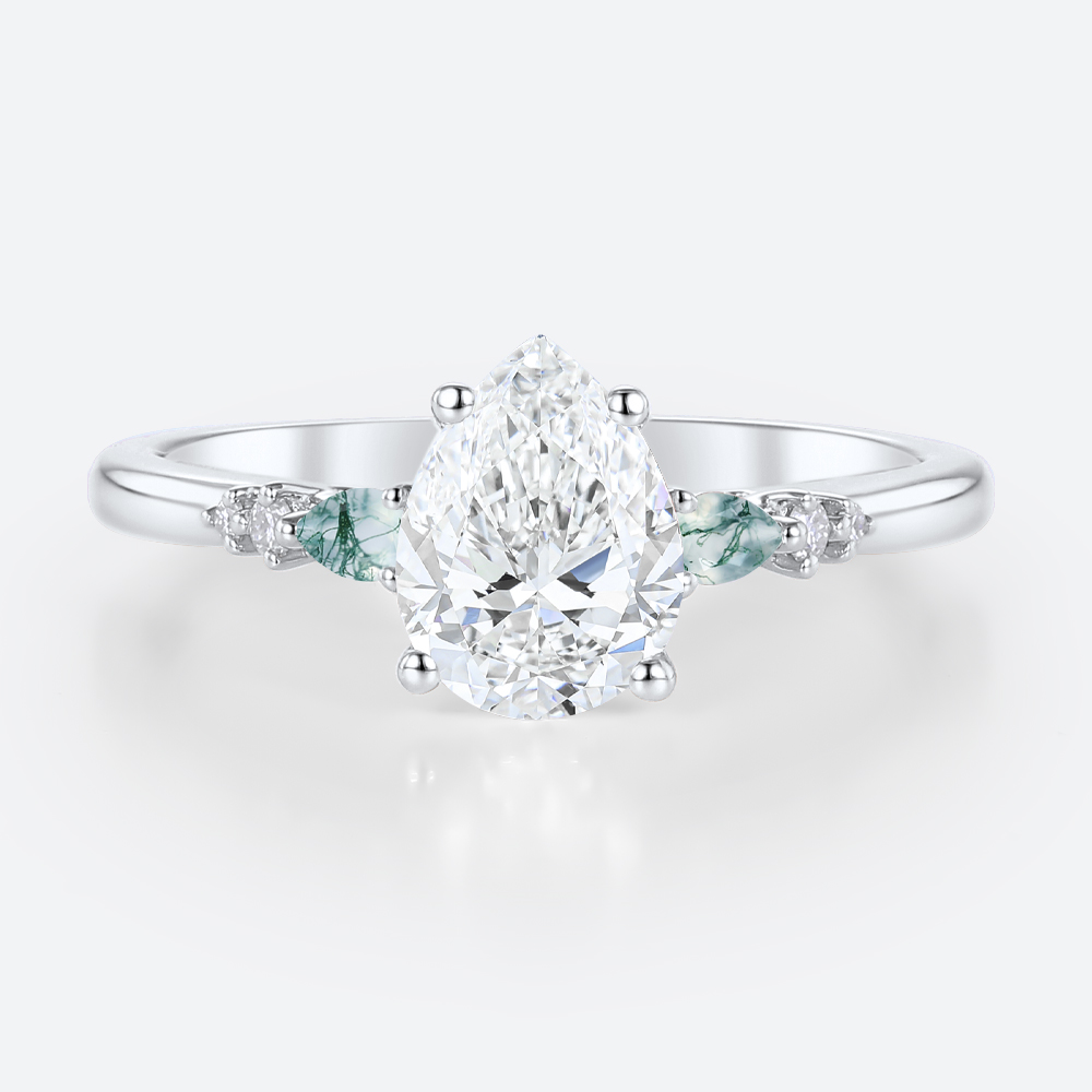 White Gold Engagement Rings 1.5ct Pear Cut Lab Diamond & Moss Agate Ring
