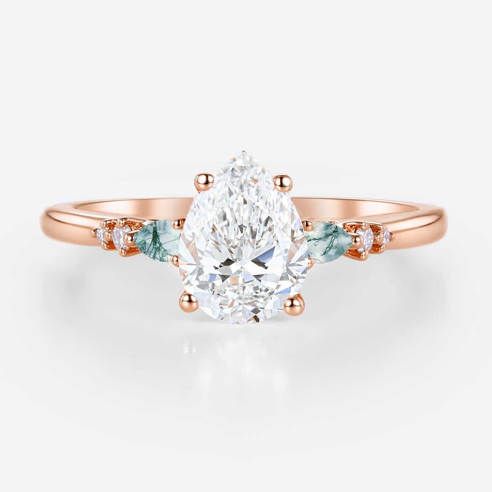 Rose Gold Engagement Rings 1.5ct Pear Cut Lab Diamond & Moss Agate Ring