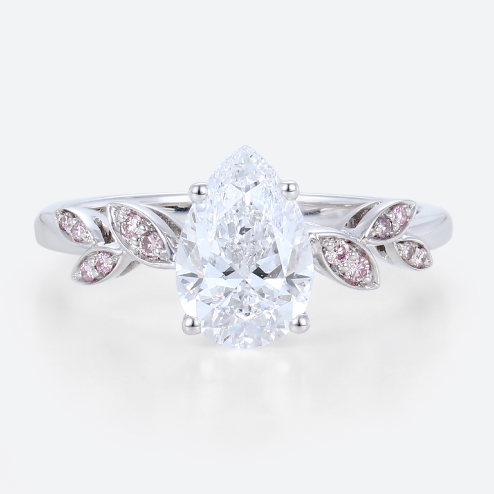 1 Carat Pear Shaped Diamond Ring with Lab Pink Diamonds Side Stone