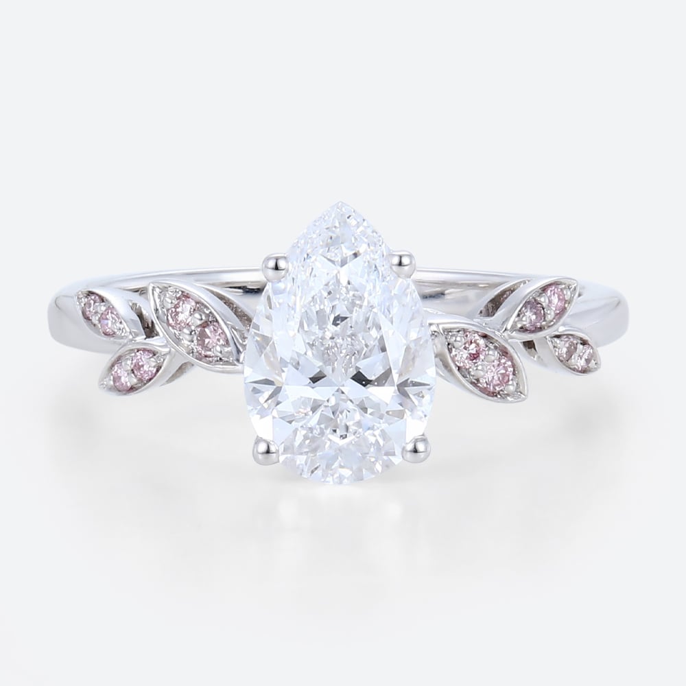 1 Carat Pear Shaped Diamond Ring with Lab Pink Diamonds Side Stone in White Gold