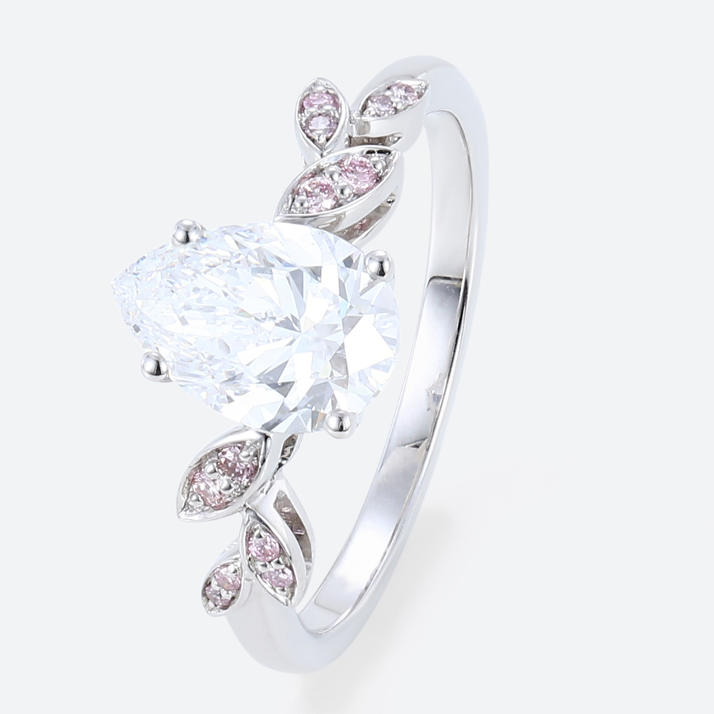 1 Carat Pear Shaped Diamond Ring with Lab Pink Diamonds Side Stone in White Gold