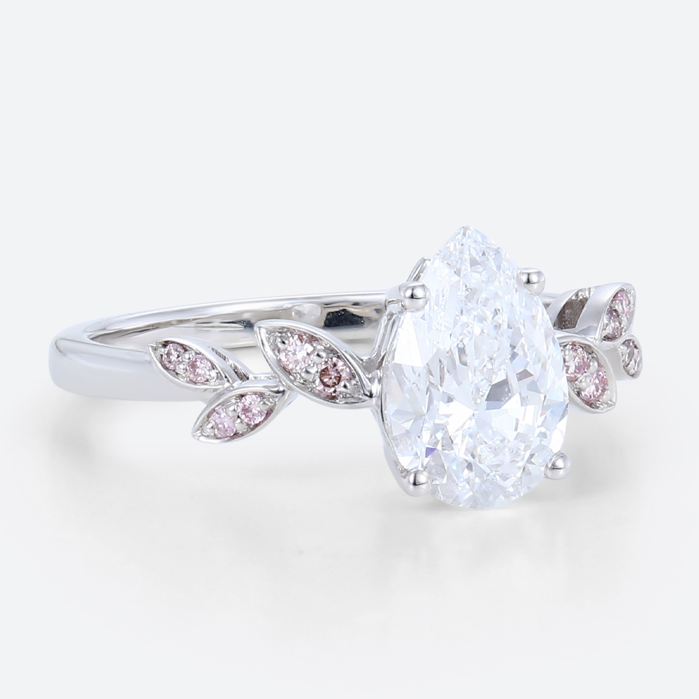 1 Carat Pear Shaped Diamond Ring with Lab Pink Diamonds Side Stone in White Gold