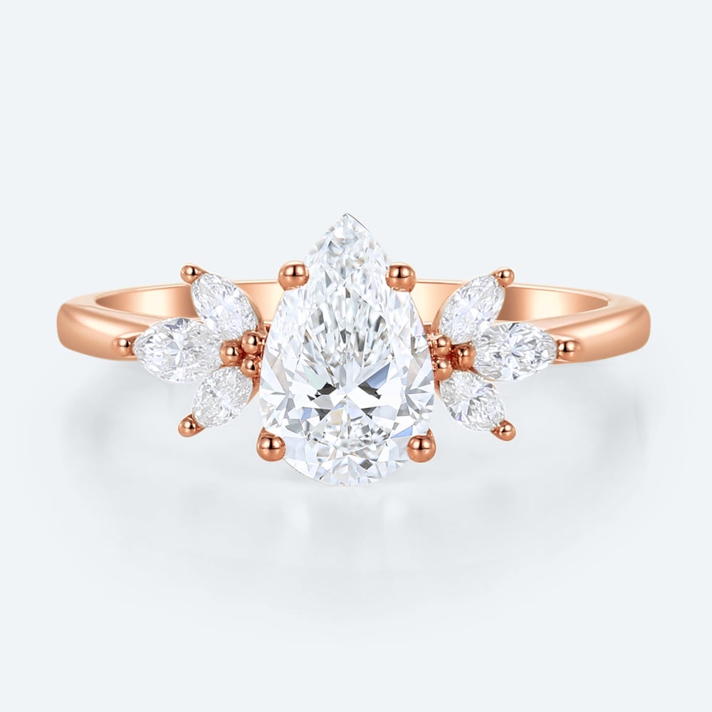 Pear Cut Lab Diamond Cluster Ring with Leafy Side Stones