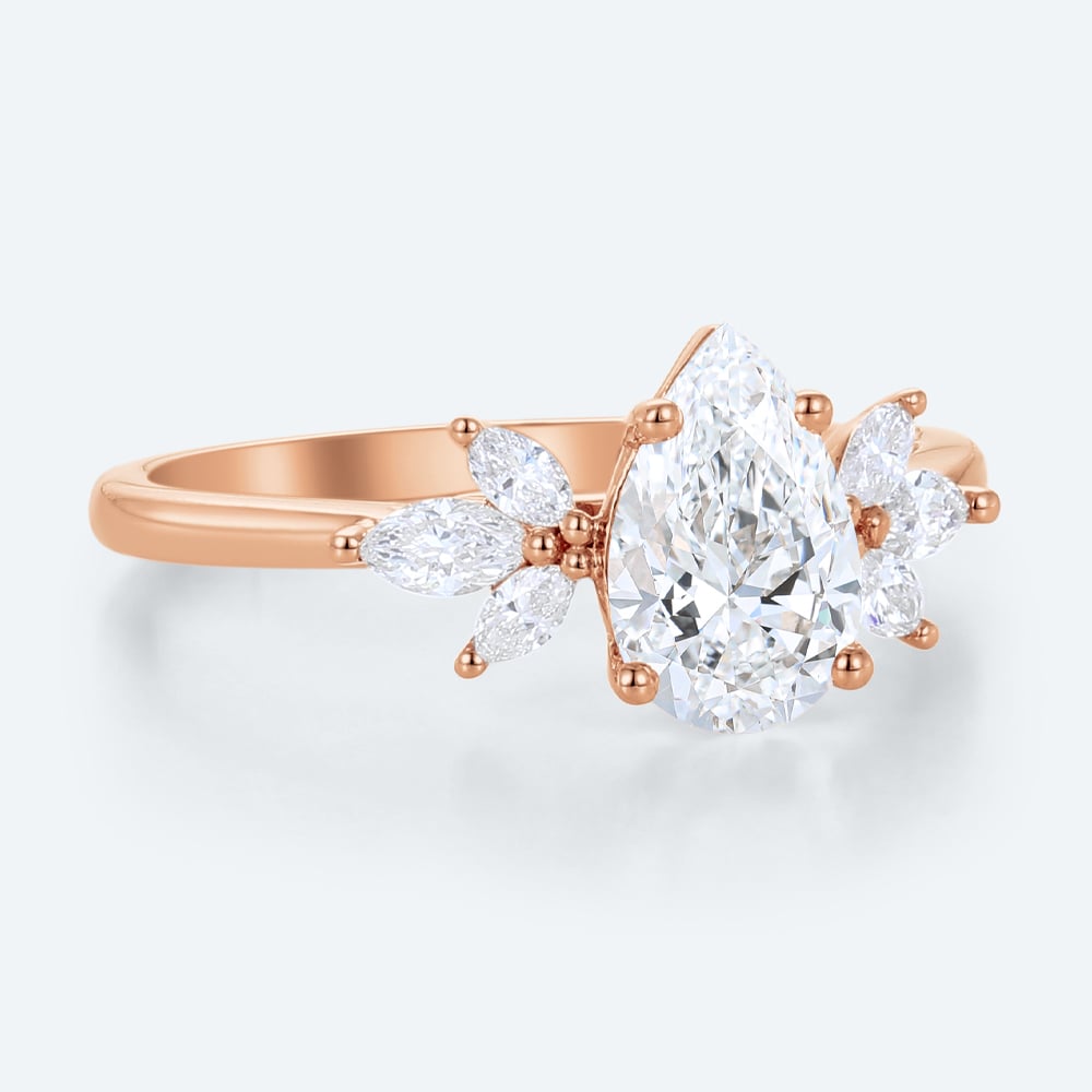 Pear Cut Lab Diamond Cluster Ring with Leafy Side Stones