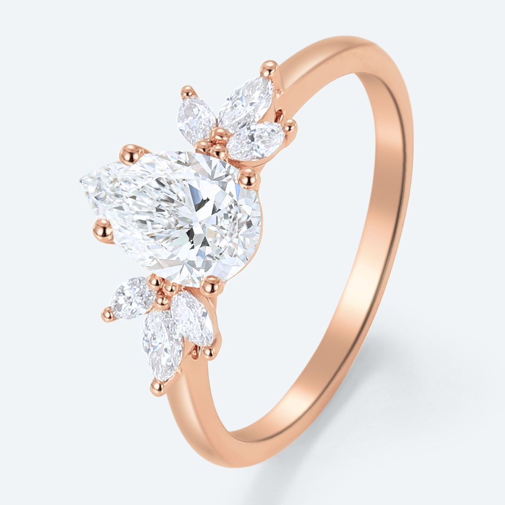 Pear Cut Lab Diamond Cluster Ring with Leafy Side Stones