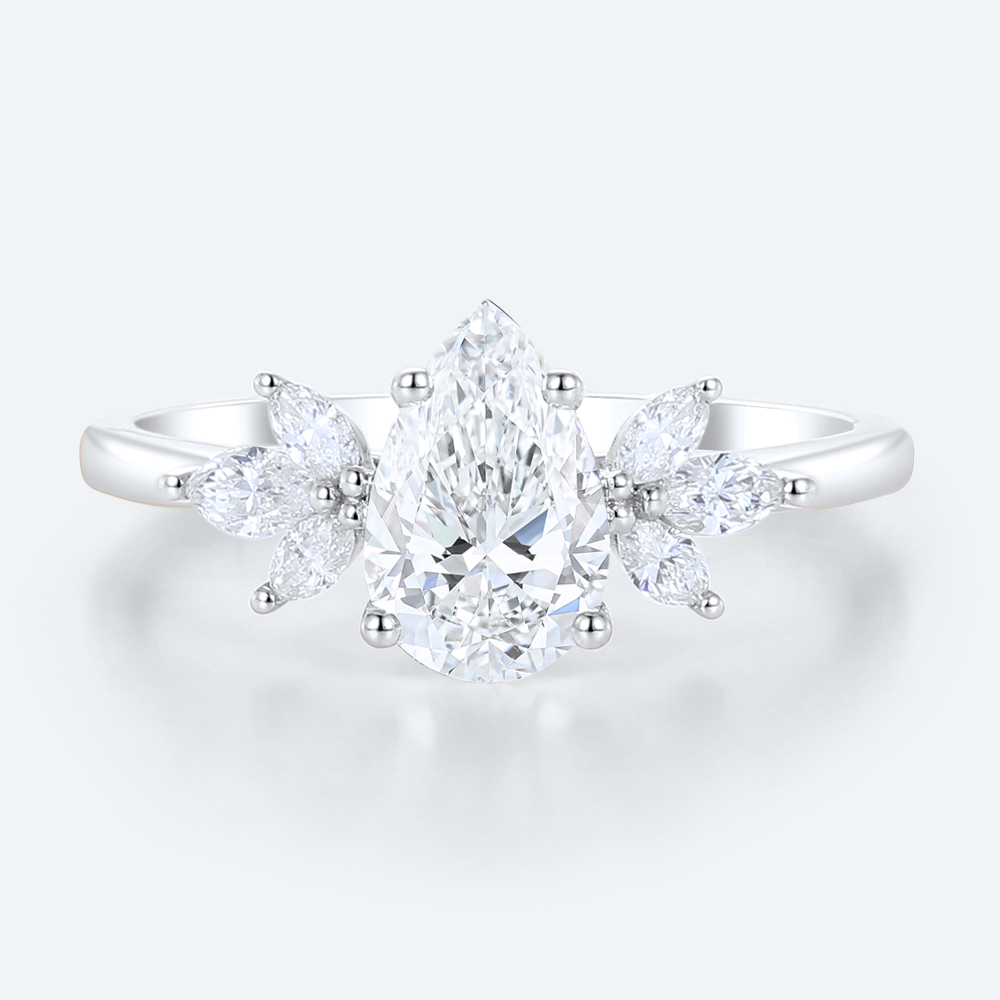 Pear Cut Lab Diamond Cluster Ring with Leafy Side Stones