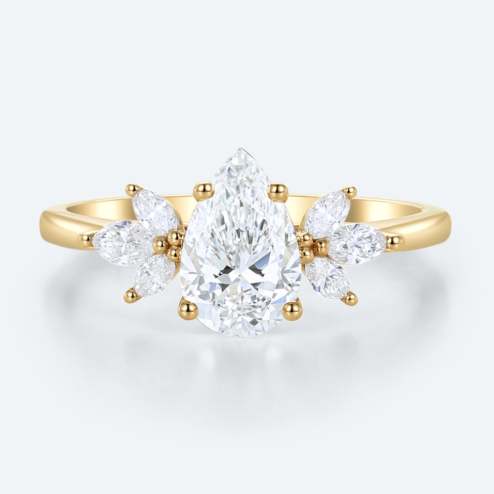 Pear Cut Lab Diamond Cluster Ring with Leafy Side Stones
