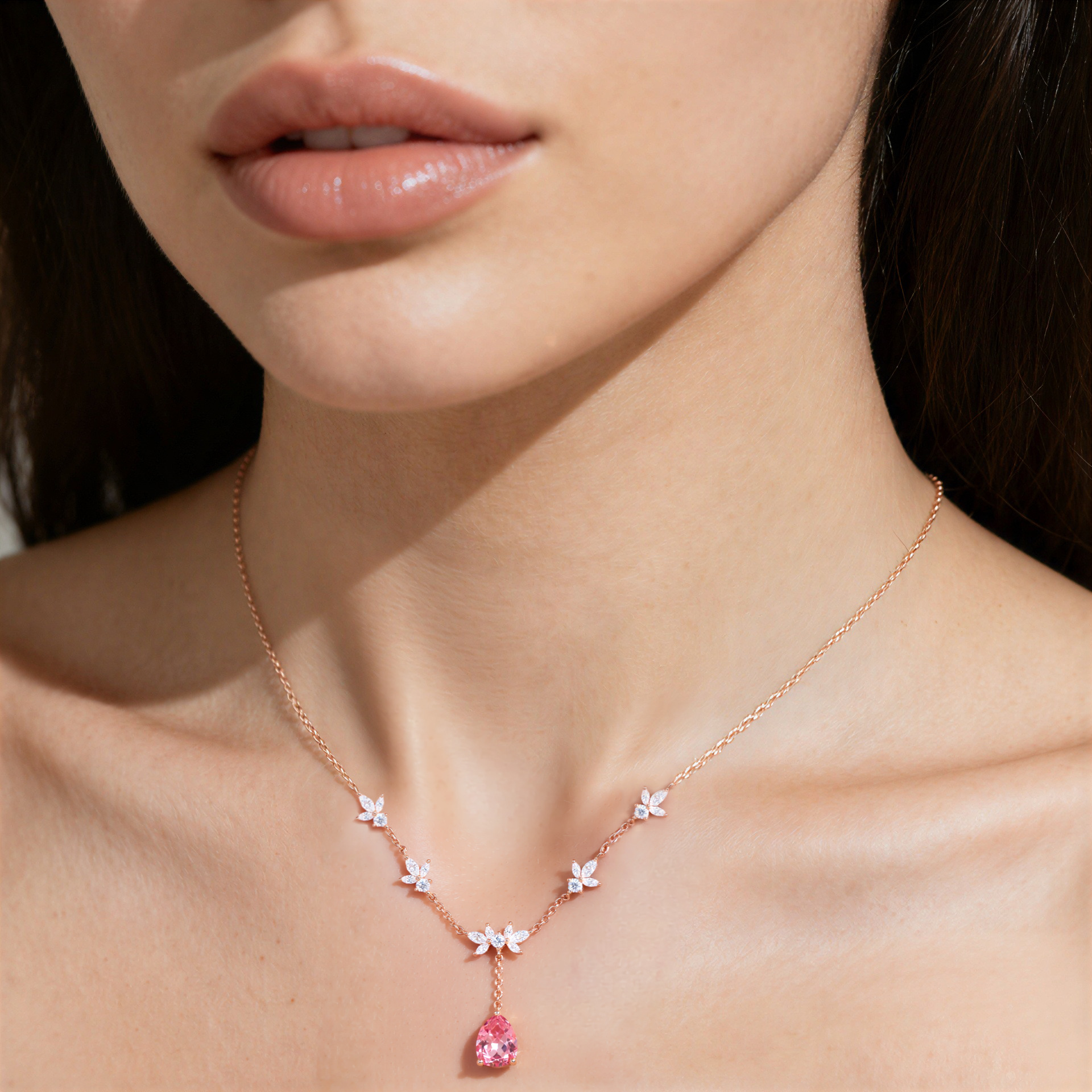 Pear Shaped Lab Pink Sapphire Necklace Delicate Pendant with Floral Design